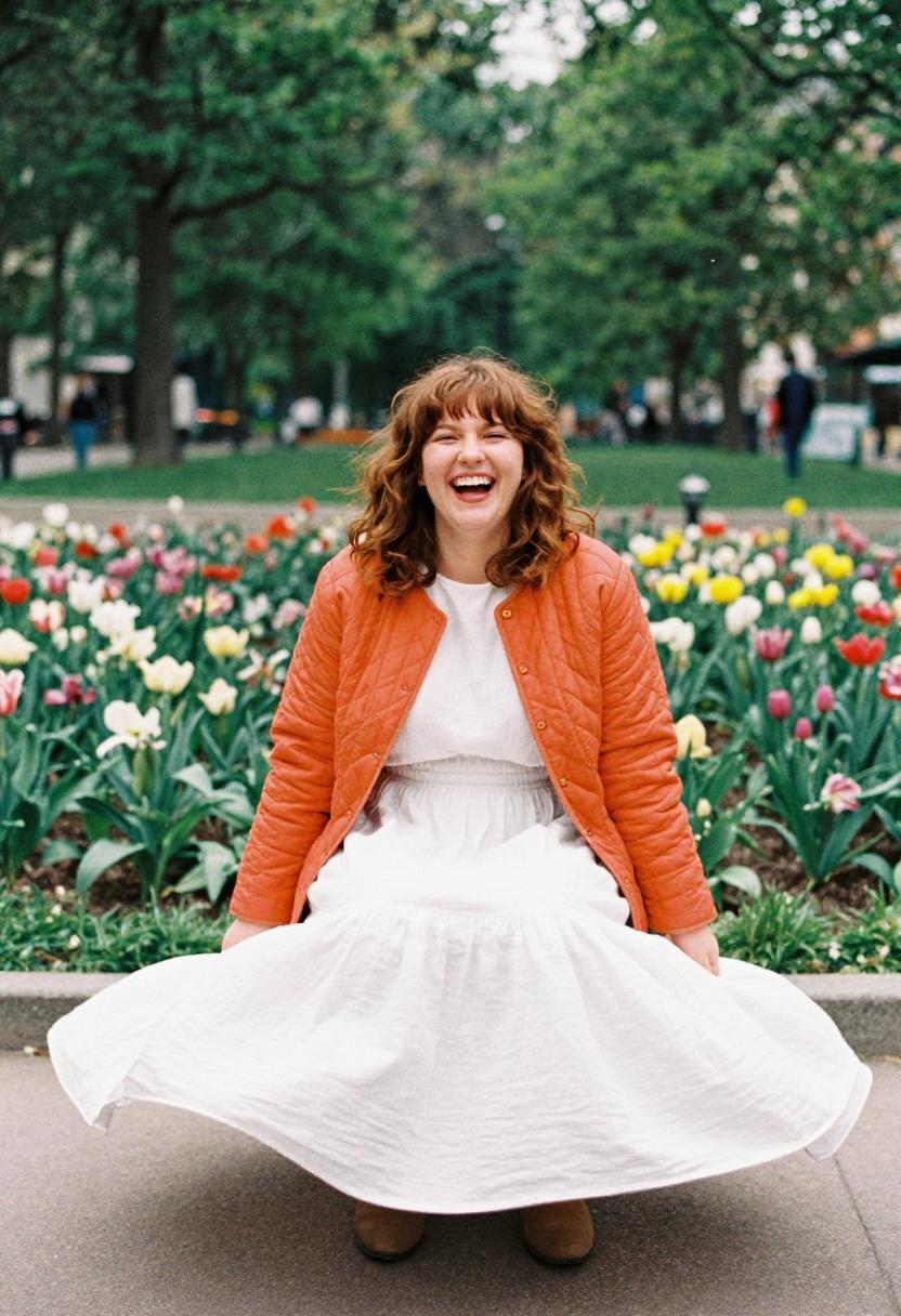 Tangerine quilted jacket in a park during spring afternoon
