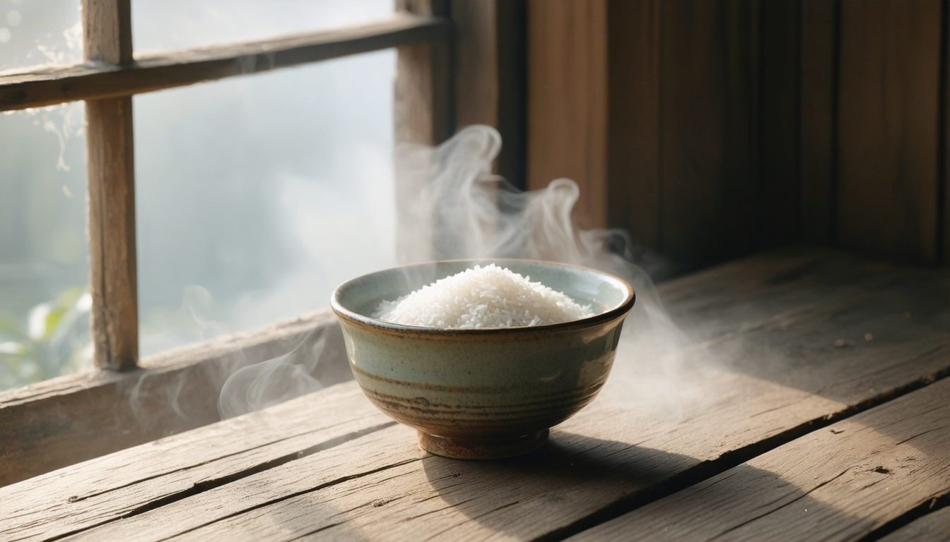 A simple ceramic bowl of rice on a worn wooden table in soft morning light.