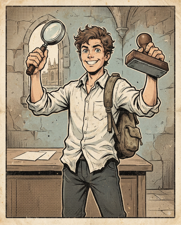 The graduate confidently holding a magnifying glass and a rubber stamp, standing tall with a triumphant grin