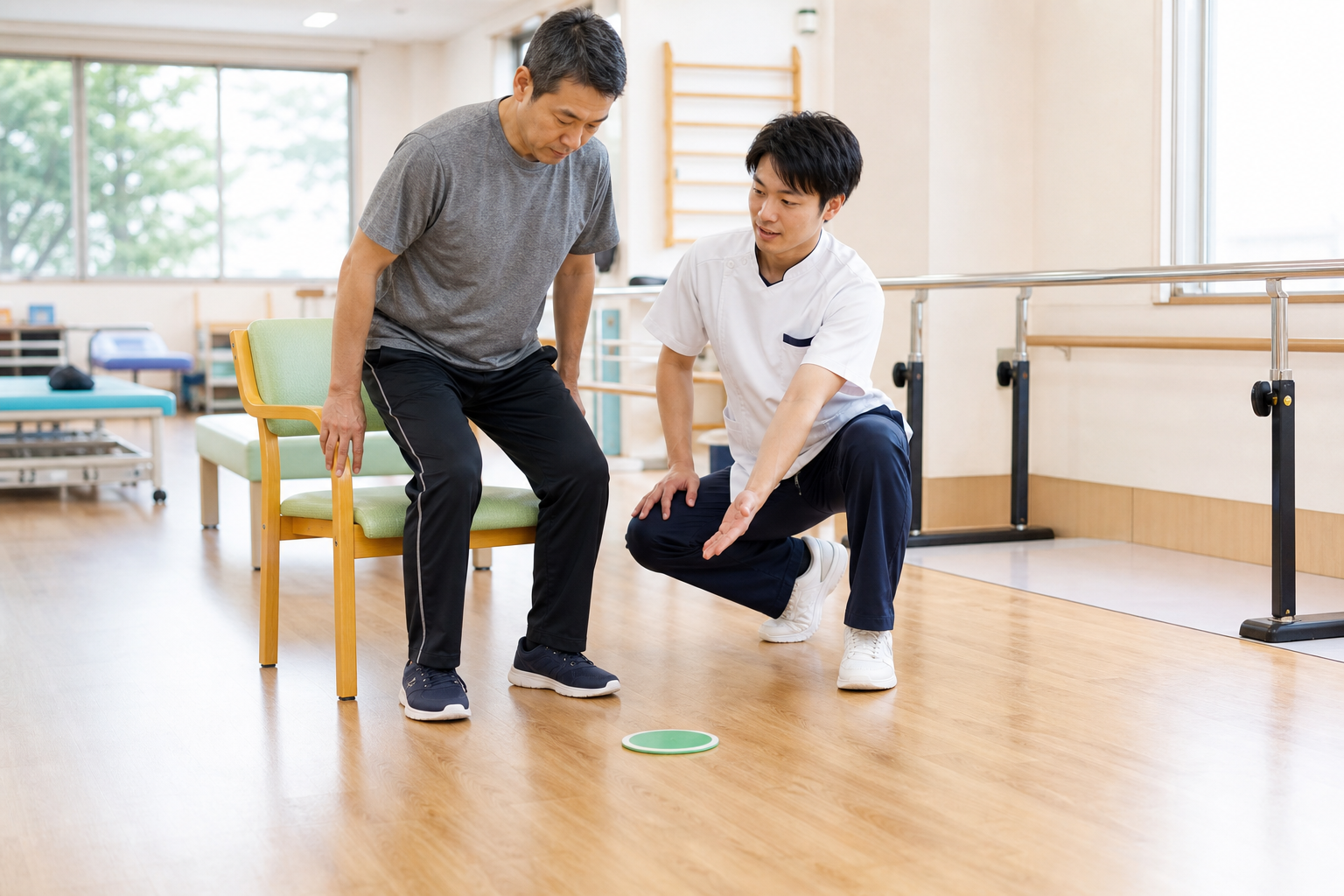 目印を使って立ち上がりの反復練習を行う脳卒中後の方