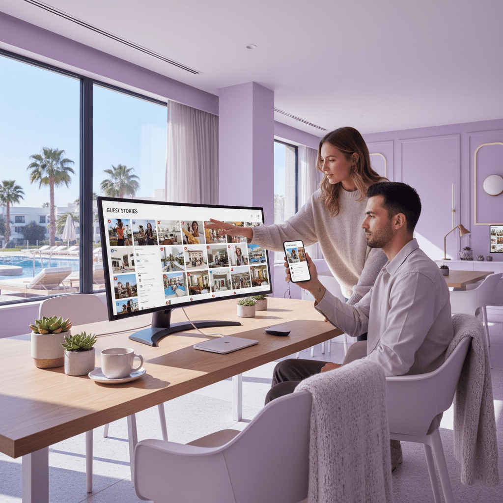 Hotel marketing team curating guest content on laptop and phone screens in a modern workspace