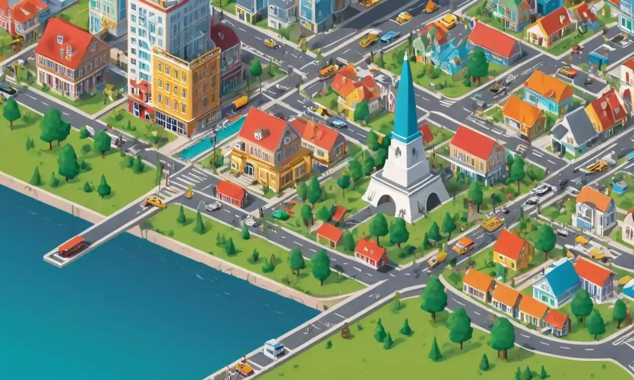 Un paisaje urbano con emblemáticos hitos e instalaciones de arte público, simbolizando la identidad colectiva y el patrimonio cultural de una comunidad.