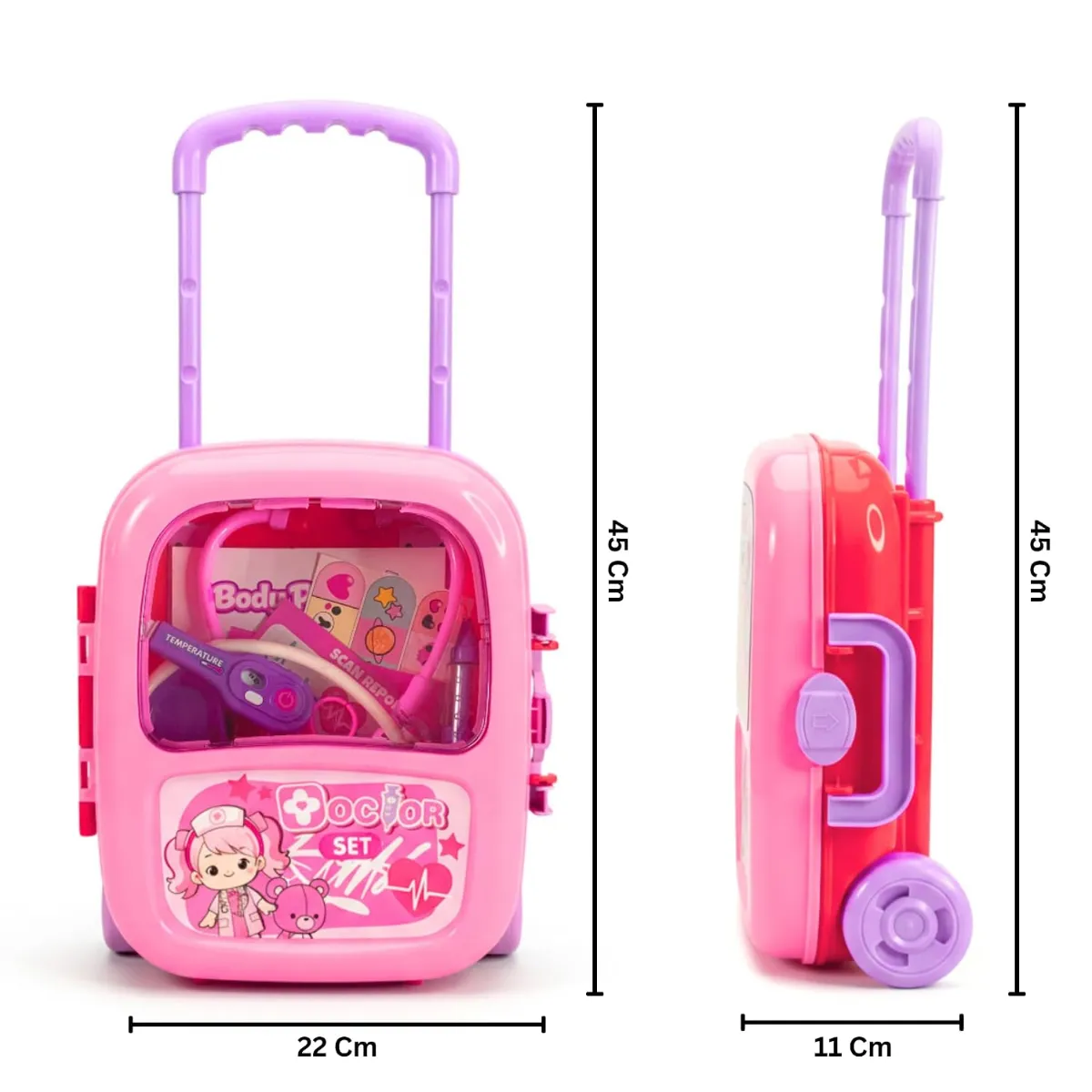 ids Premium Doctor Set Trolley, Pretend Play Doctor Set Trolley, Doctor Kit for Kids Above 3 Years, for Boys & Girls, with Interactive Instruments, Multicolor Bandage Stickers (Pink) - ToyMall Manjeri