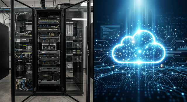A split screen image with a physical server rack on one side and a glowing cloud computing icon on the other, symbolizing the choice between self hosted and SaaS