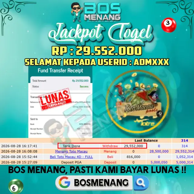 Bukti JACKPOT Tanggal 28 AGUSTUS 2026 - MENANG TOGEL - TOTOMACAU 16 Rp 29.552.000,-