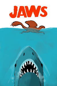 A large shark is shown on a movie posted heading towards a dragon swimming above it. Jaws is written at the top of the poster.