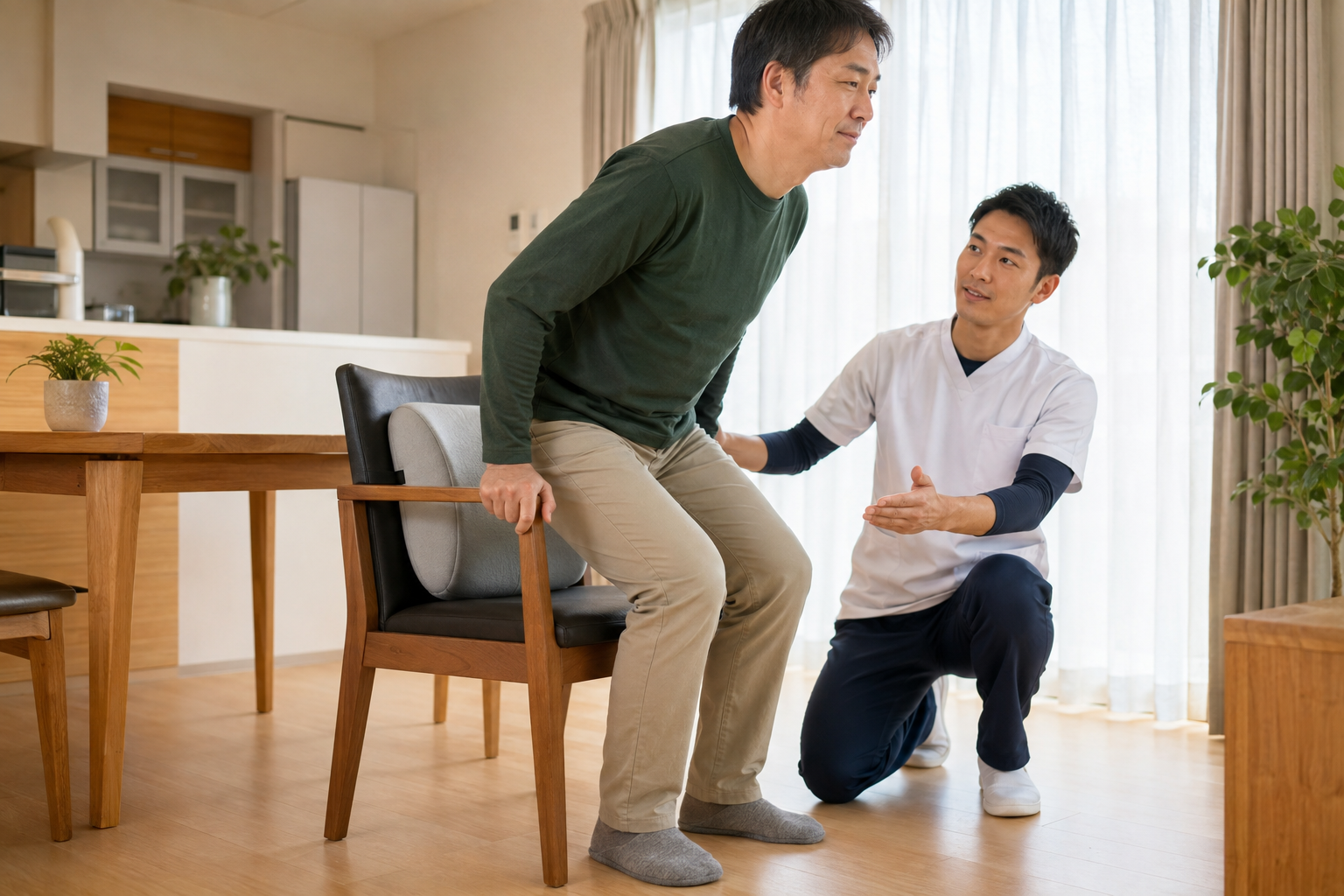 腰部装具を使いながら安全に立ち上がりを練習する場面