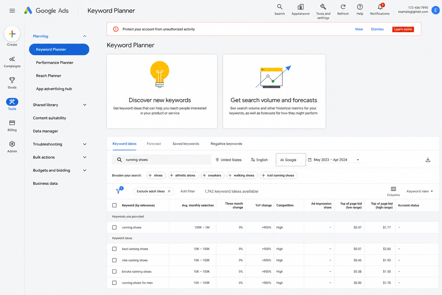 Google Keyword Planner interface showing keyword ideas, monthly search volume data, competition levels, and related keyword suggestions for SEO content planning