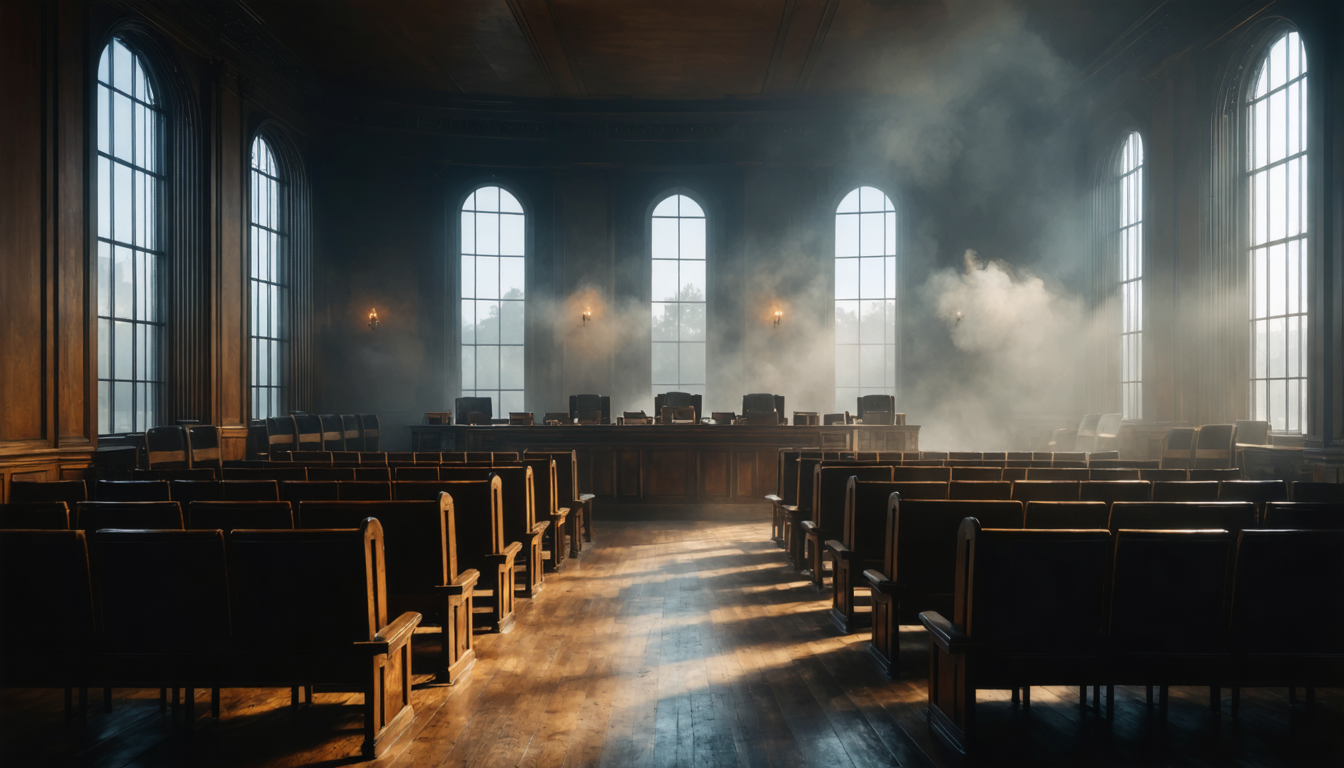 A dim government hearing room with empty wooden chairs and long shadows, a single window admitting gray light.
