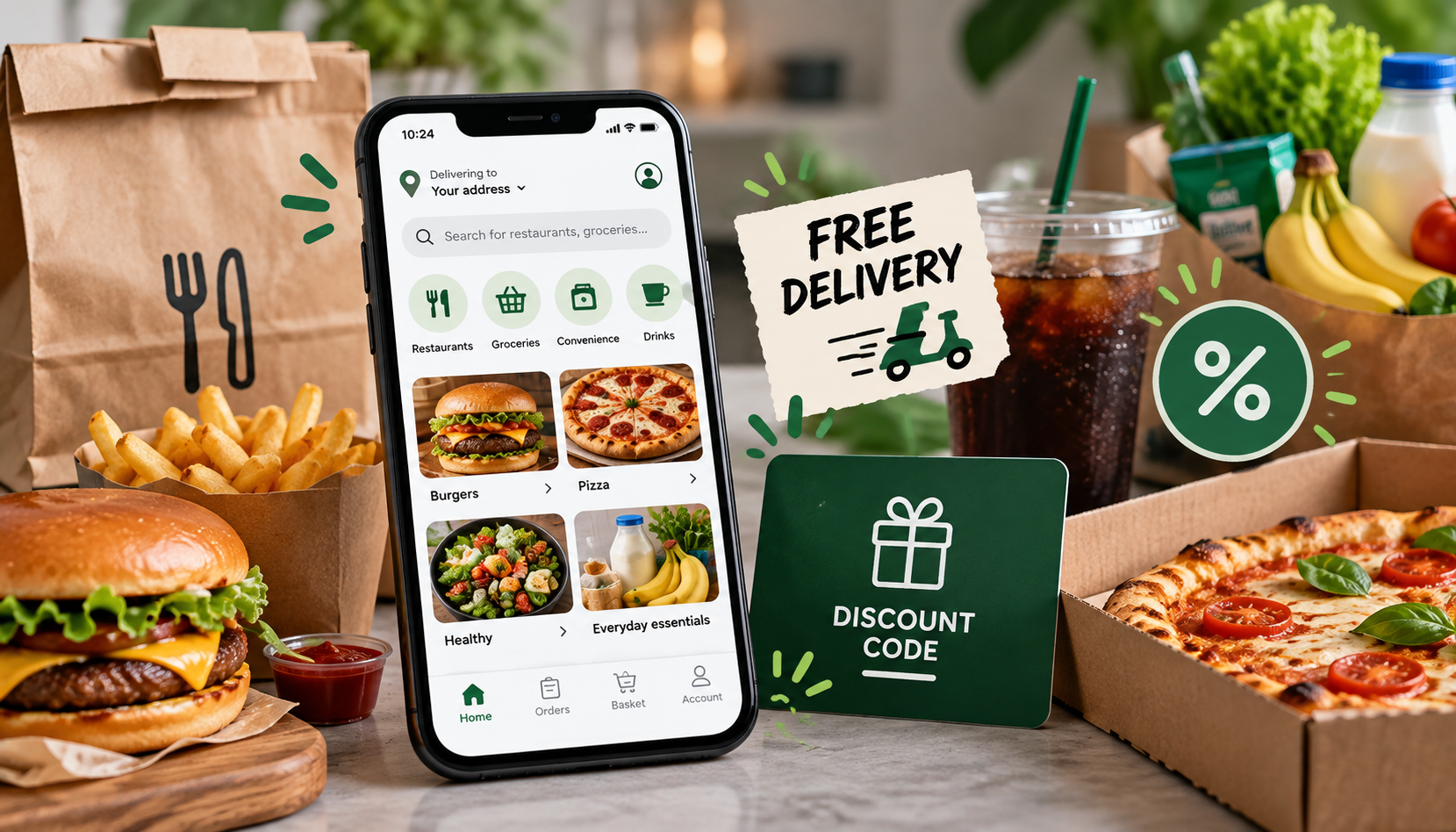Uber Eats discount code and free delivery savings shown alongside takeaway food and grocery shopping.