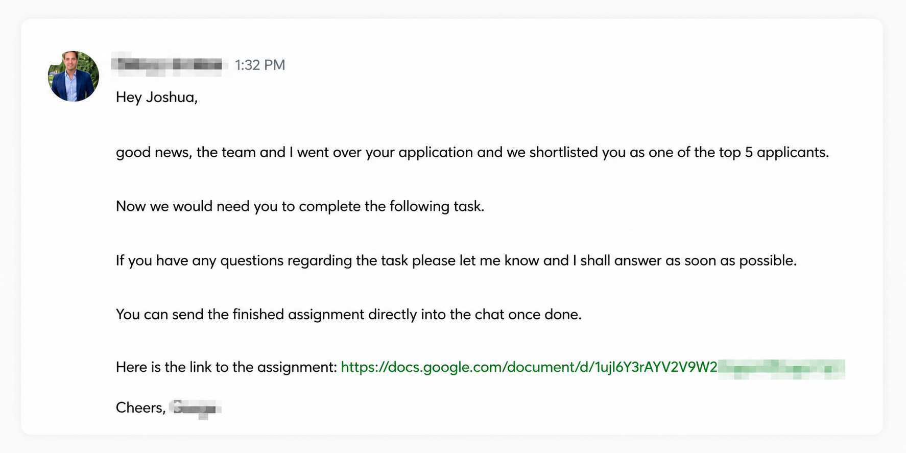 Client message: shortlisted as one of the top 5 applicants