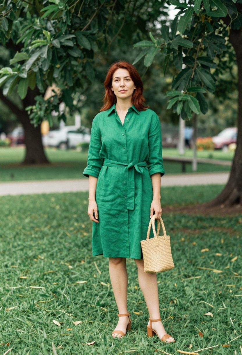 Woman in emerald green belted linen shirtdress at brunch