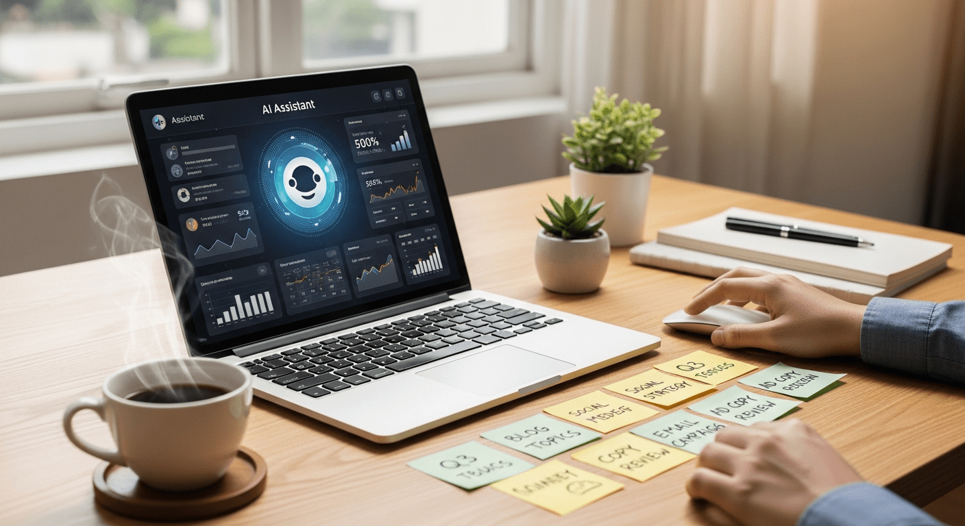 AI assistant helping with marketing tasks in a modern workspace