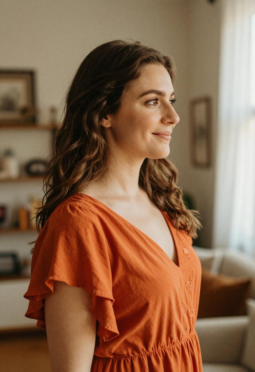 Burnt orange flutter sleeve midi dress for home cooking date