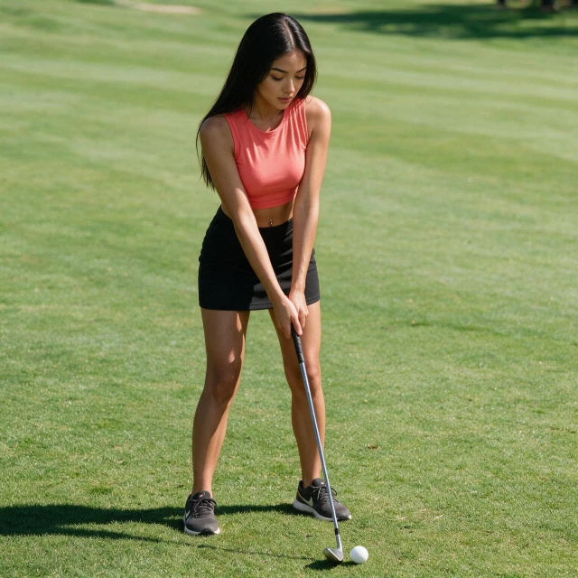 Standing in the fairway. Posing ready to hit golf ball on the ground. Wearing tight-fitting black miniskirt, sleeveless coral crop-top, and sneakers. Bright sunny day.