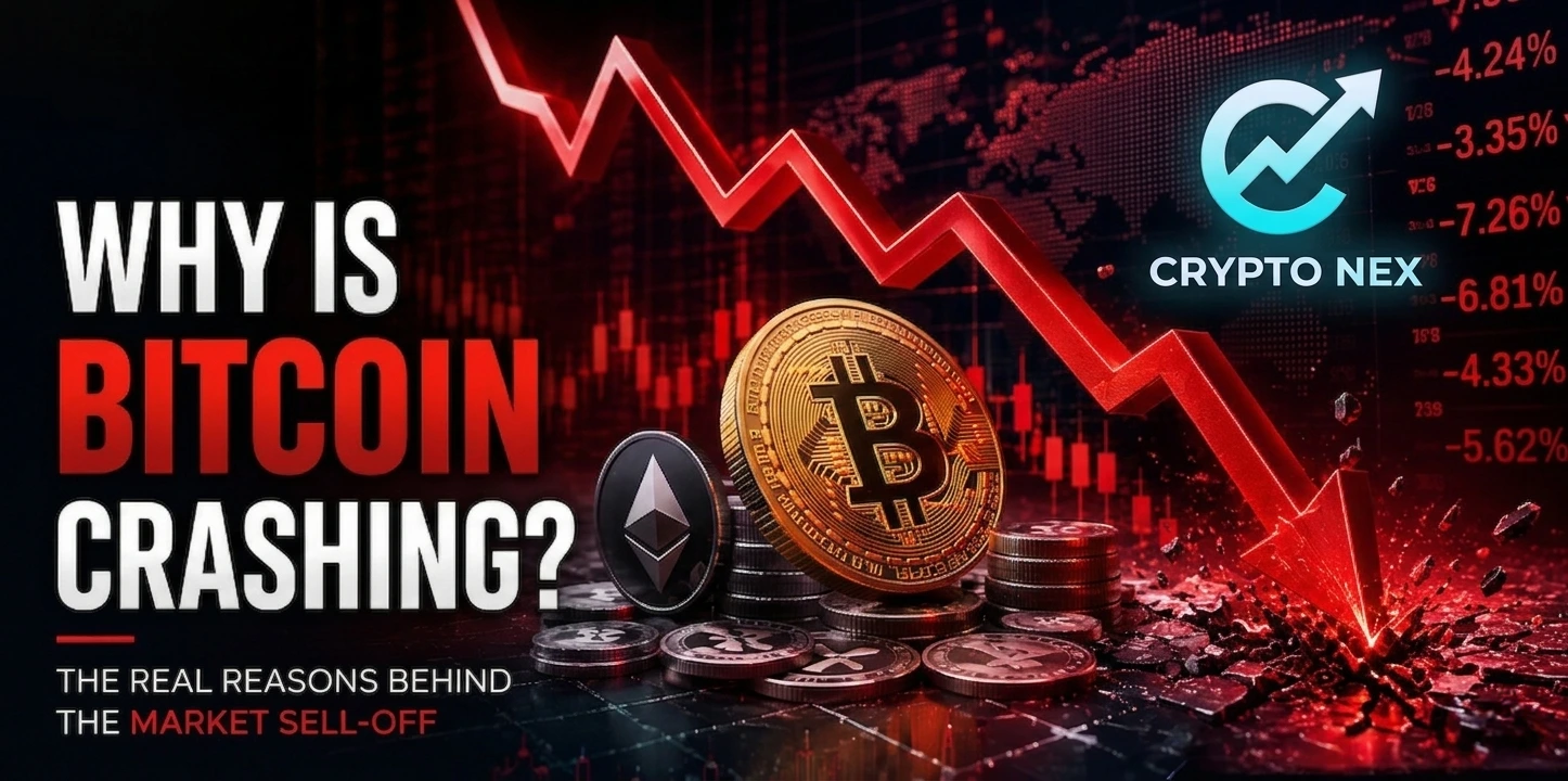 Bitcoin market crash analysis showing ETF outflows, institutional selling pressure, leveraged liquidations, and cryptocurrency market decline
