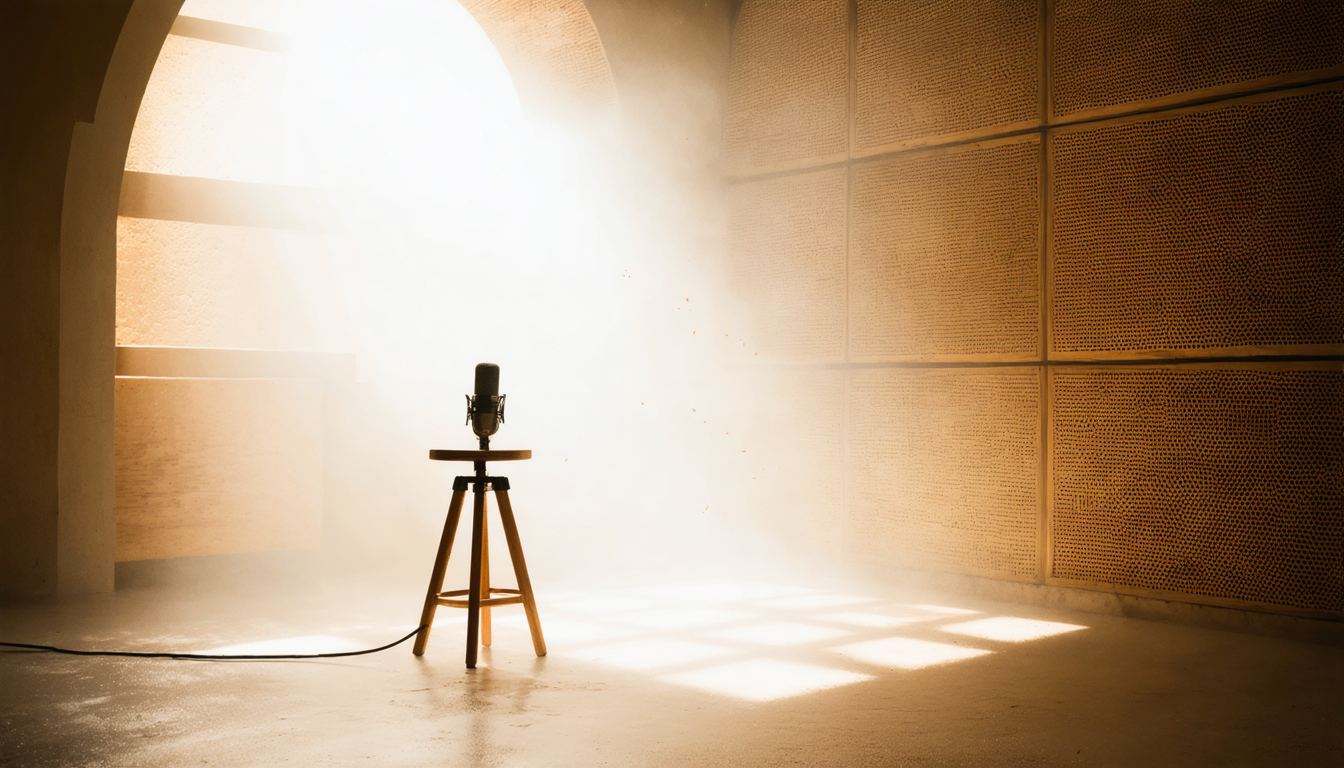An empty modern podcast studio with a single microphone lit dramatically, resembling a pulpit in a dark church.