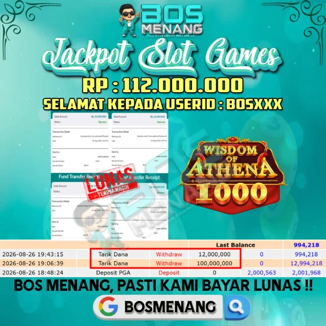 Bukti JACKPOT Tanggal 26 AGUSTUS 2026 - MENANG SLOT GAMES - Wisdom Of Athena 1000 (Pragmatic Play) Rp 112.000.000,-