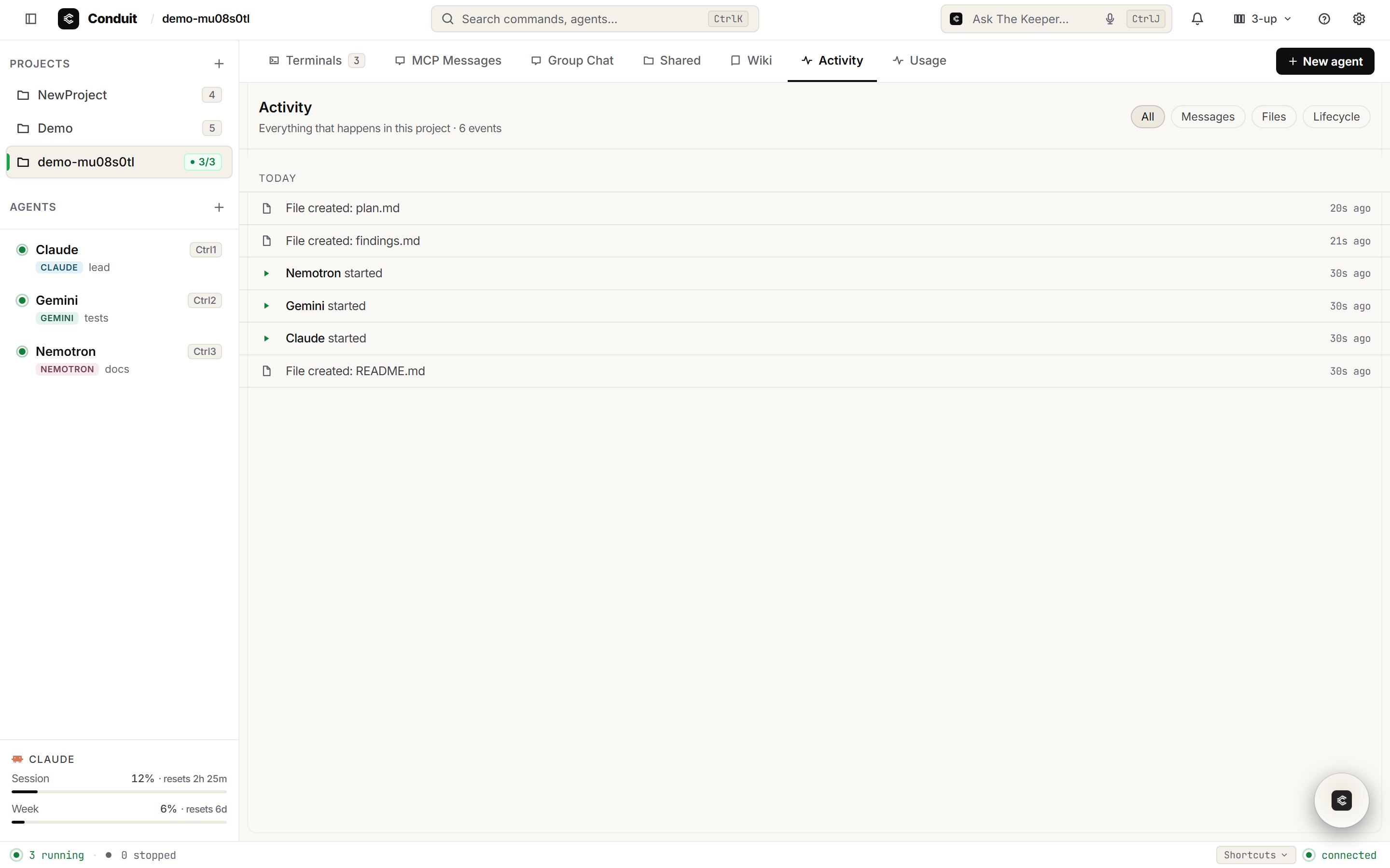 every file change and message, in order, filterable