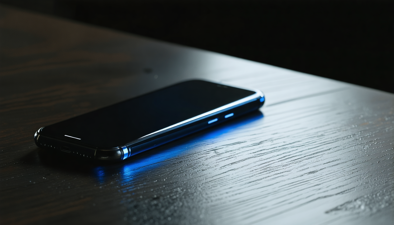 A dimly lit phone screen face-down on a wooden surface, with a faint glow visible around its edges.