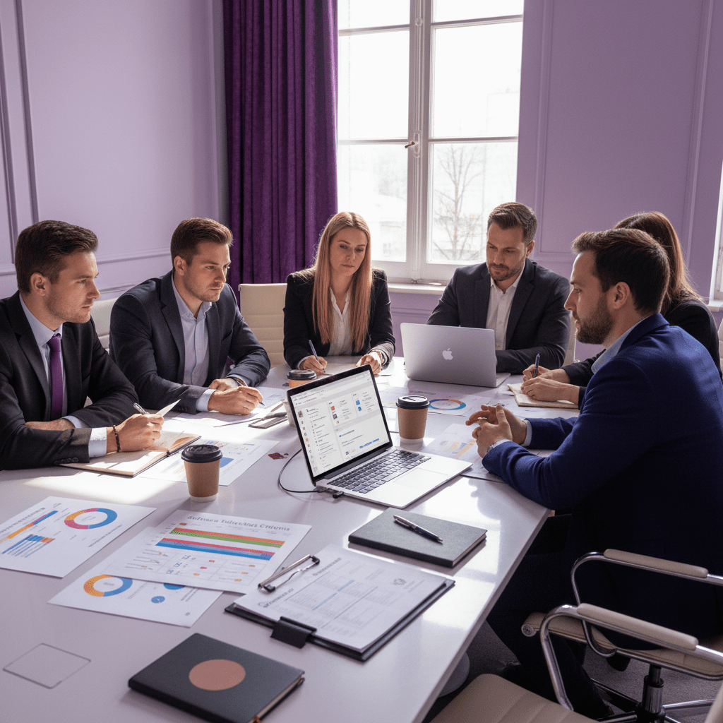 Hotel operations team planning software selection around a conference table