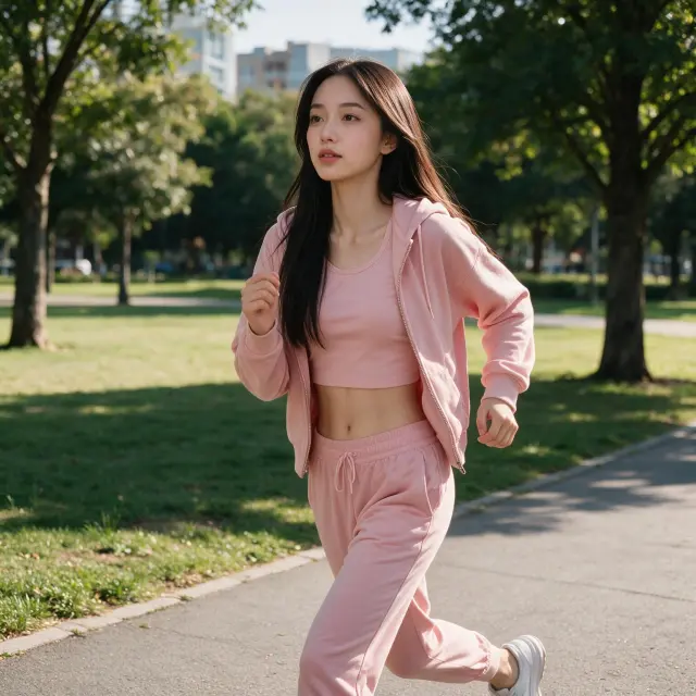 A girl with no bra, wearing a pink cropped top, pink jogging trousers and a pink zip-up hoodie, jogging in a city park setting, cinematic, full body picture