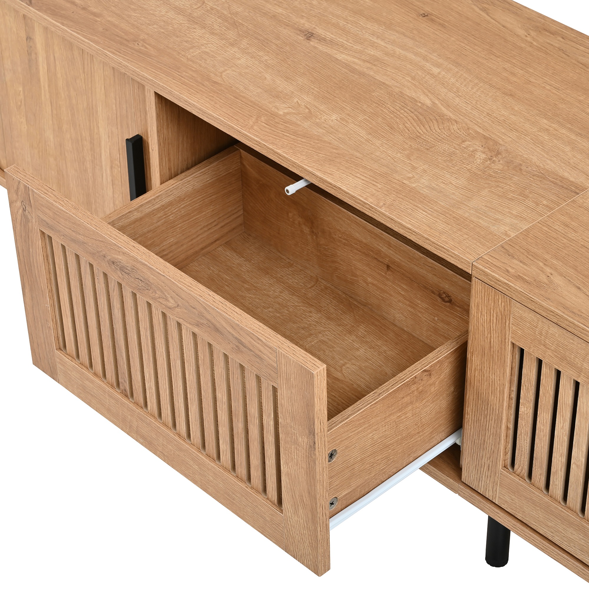Meuble TV Naturel, 2 Tiroirs, Rangement, Éclairage LED, Gestion des Câbles, Portes Coulissantes - 180x40x44.5cm - Salon 2