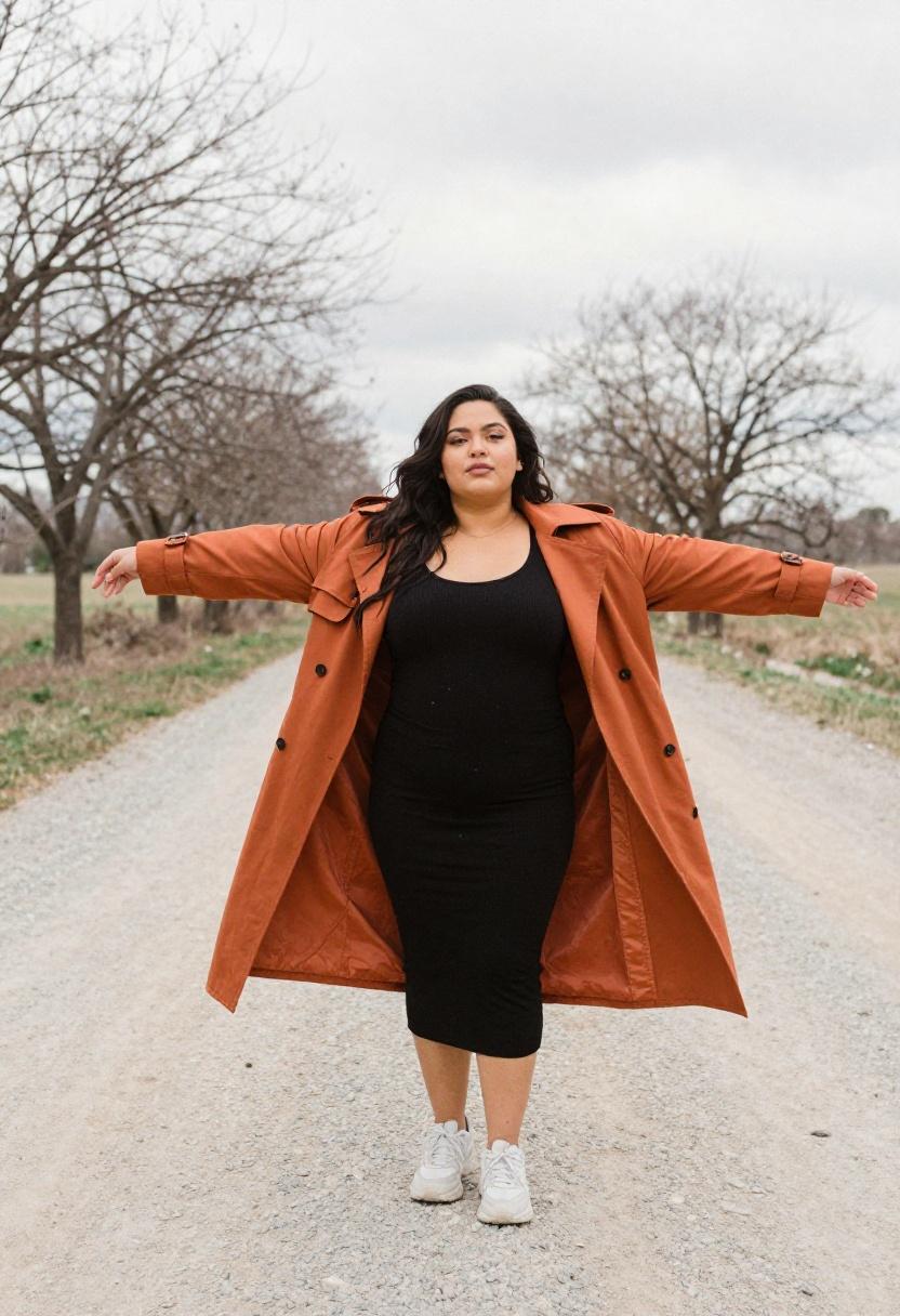 Oversized terracotta trench coat open dramatic country road bold spring statement plus-size