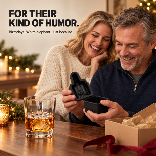 Couple laughing while opening the middle-finger ice mold as a gift