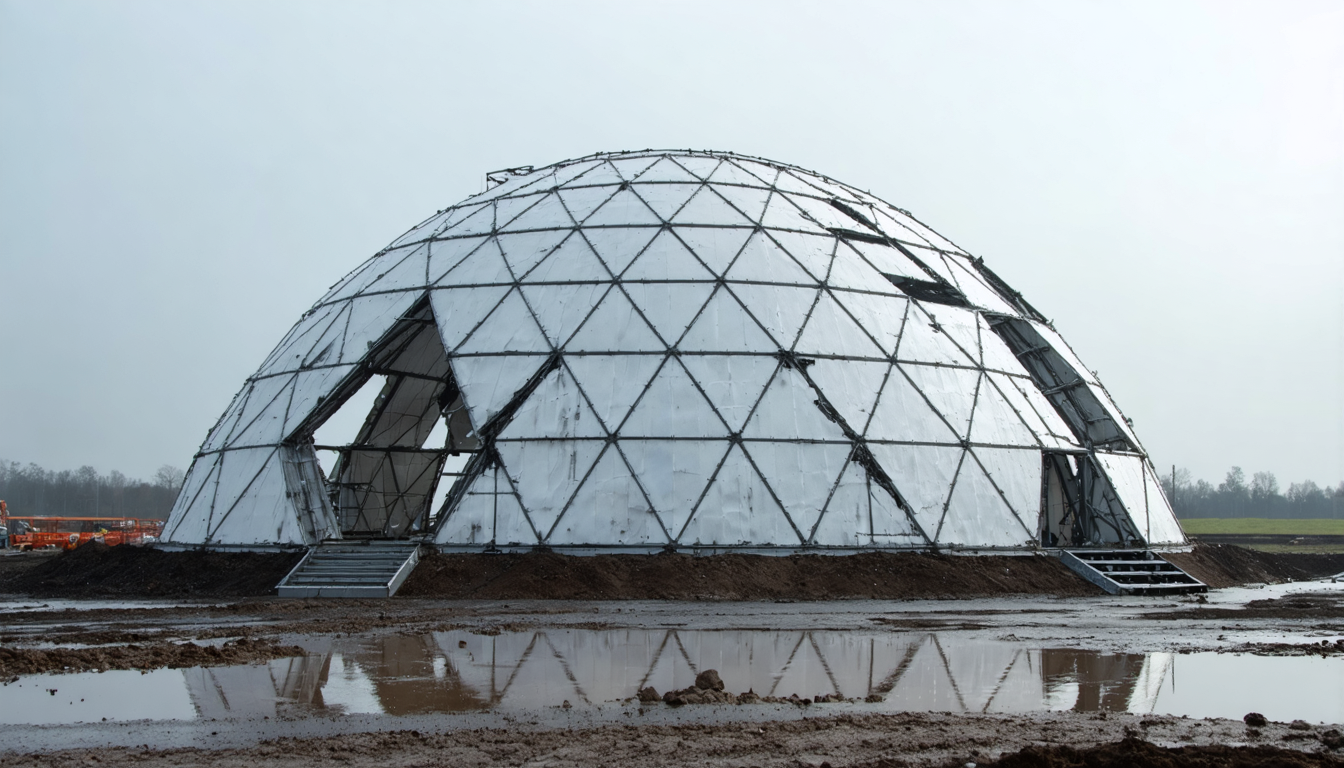 A geometric dome structure seen from below, partial and incomplete, open sections revealing grey sky, rain visible beyond the unfinished edges.
