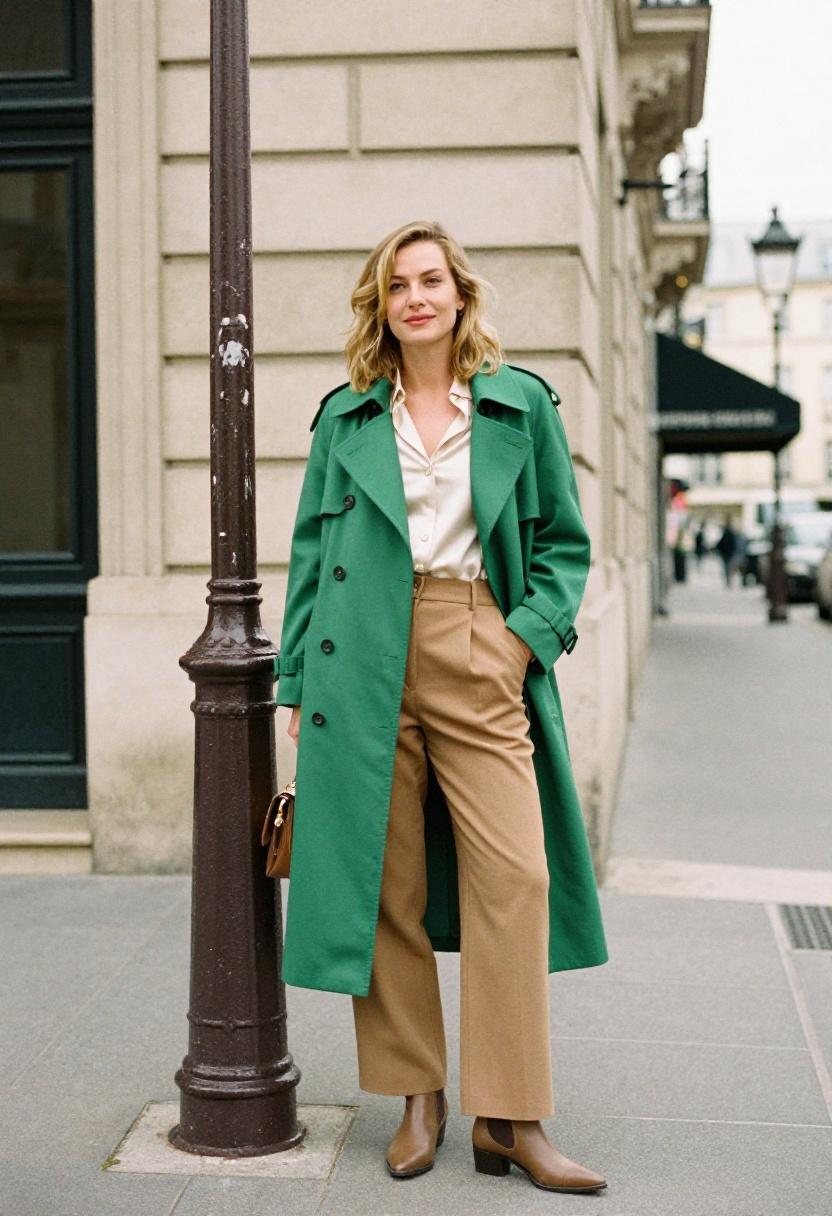 Bold green trench coat over camel wide-leg trousers for European chic St. Patrick's Day style