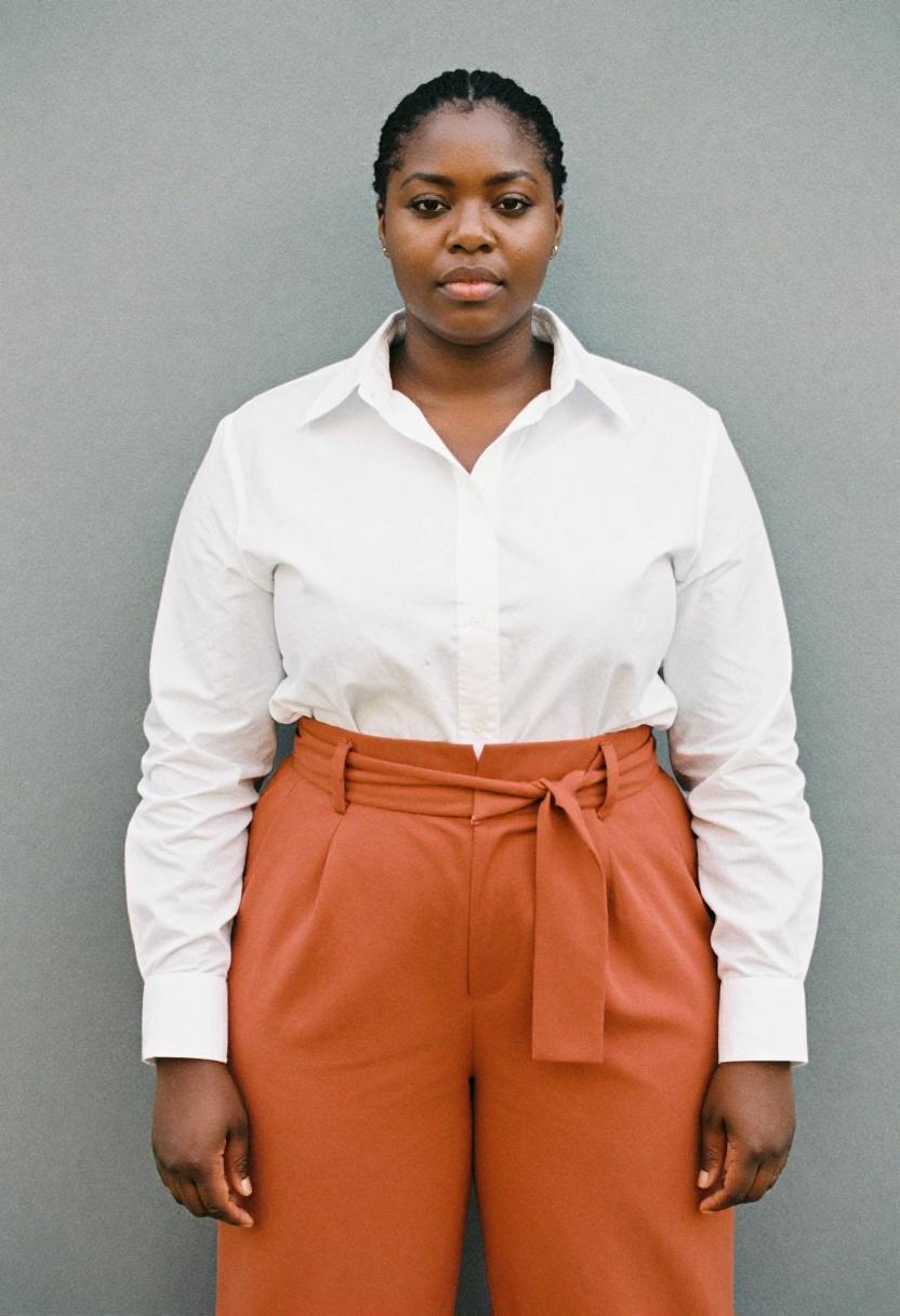 Rust orange wide-leg trousers with white structured shirt for curvy office outfit