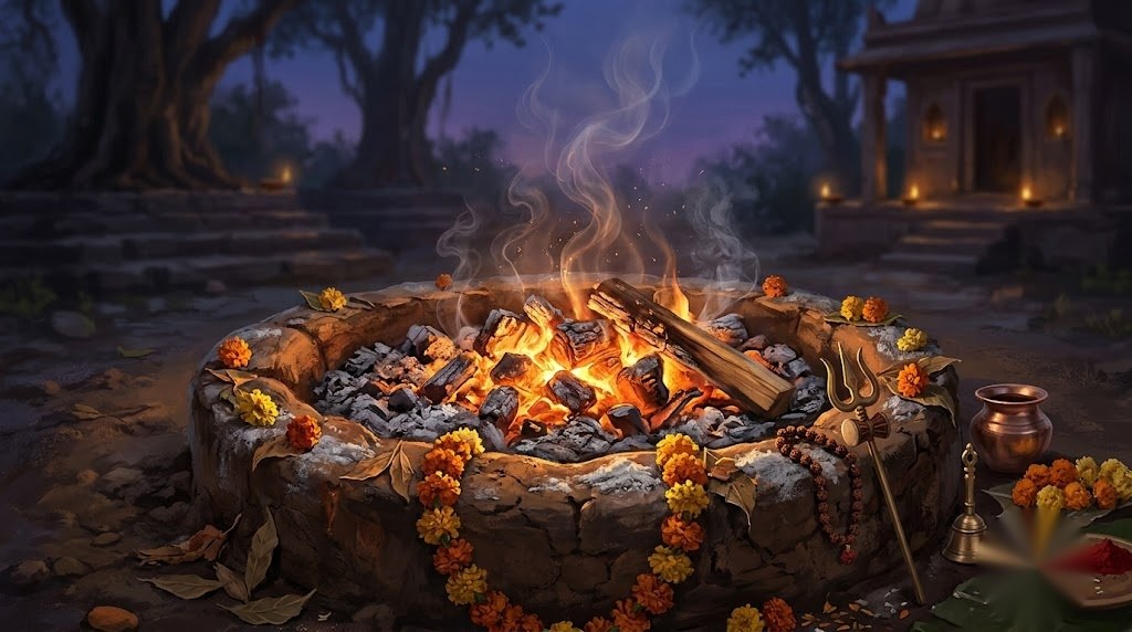 धुनि और पवित्र भस्म का प्रतीकात्मक दृश्य