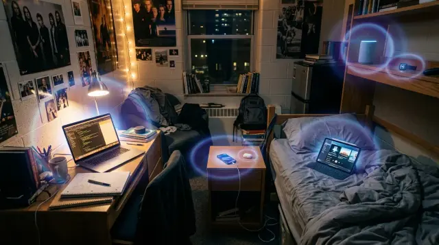 Cramped college dorm room filled with multiple glowing wireless devices emitting overlapping light halos