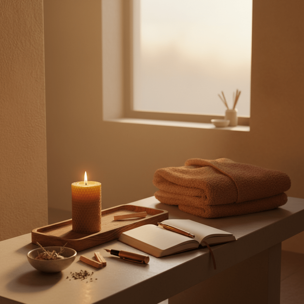 A serene evening wellness ritual with a beeswax candle, journal, bath towel, and soft warm light in a minimalist room