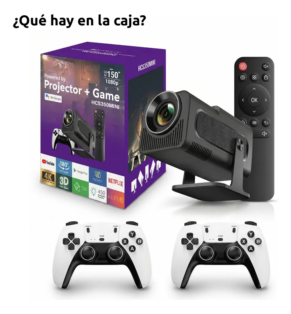 Contenido de la caja del Proyector HCS350MINI con consola retro y dos joysticks