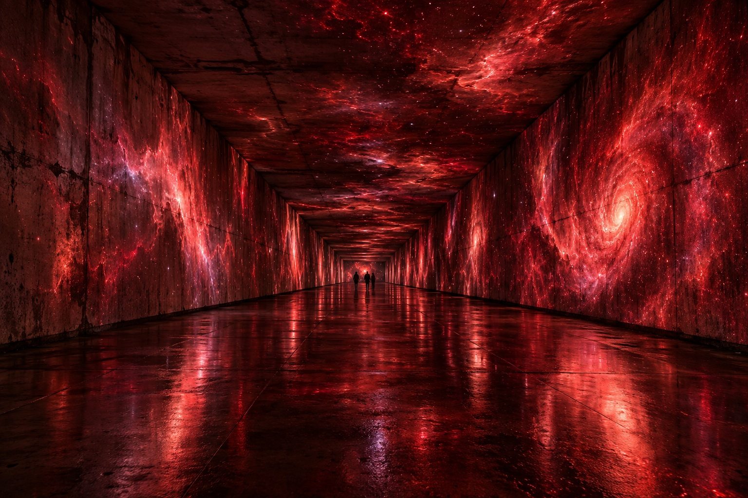 A long underground concrete tunnel lit by deep red nebula projections on the walls and ceiling, with three small silhouettes walking far down the corridor.