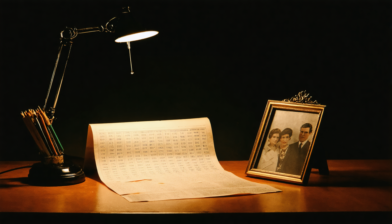 A dim accountant's desk at night with a ledger of figures and a face-down family photograph under a single lamp.
