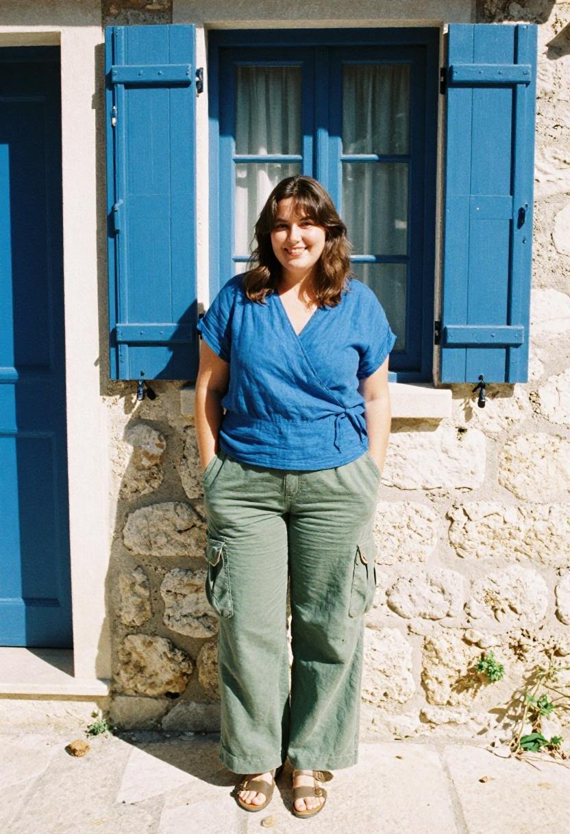 Sage cargo pants with cobalt wrap top Mediterranean setting relaxed utility