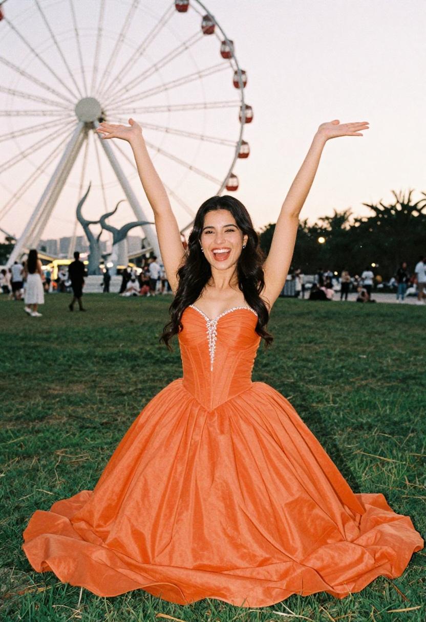 Girl in tangerine ballgown with arms raised in celebration at prom