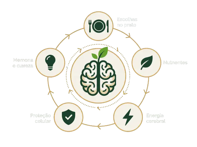 Método do prato à memória — escolhas no prato, nutrientes, energia cerebral, proteção celular, memória e clareza.