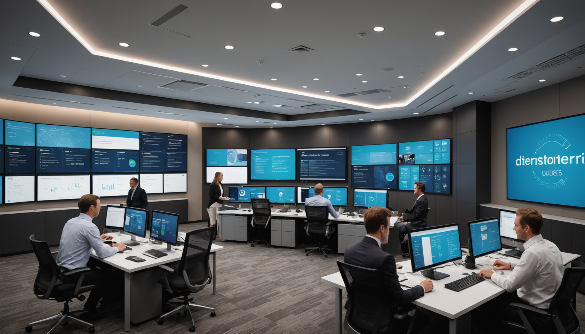 Diverse professionals collaborating in modern financial management office.