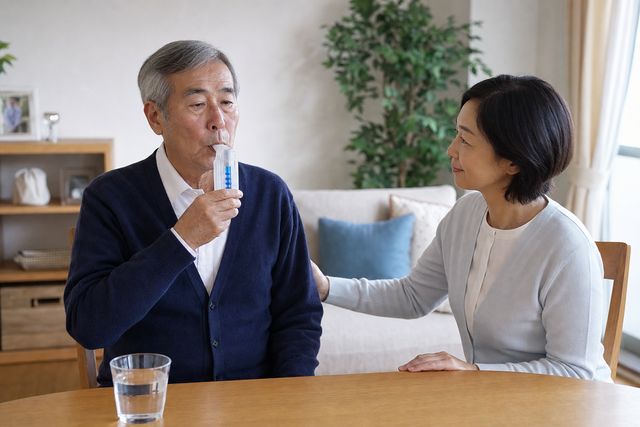 家族が見守るなか自宅で座って呼吸筋トレーニングを行う高齢者