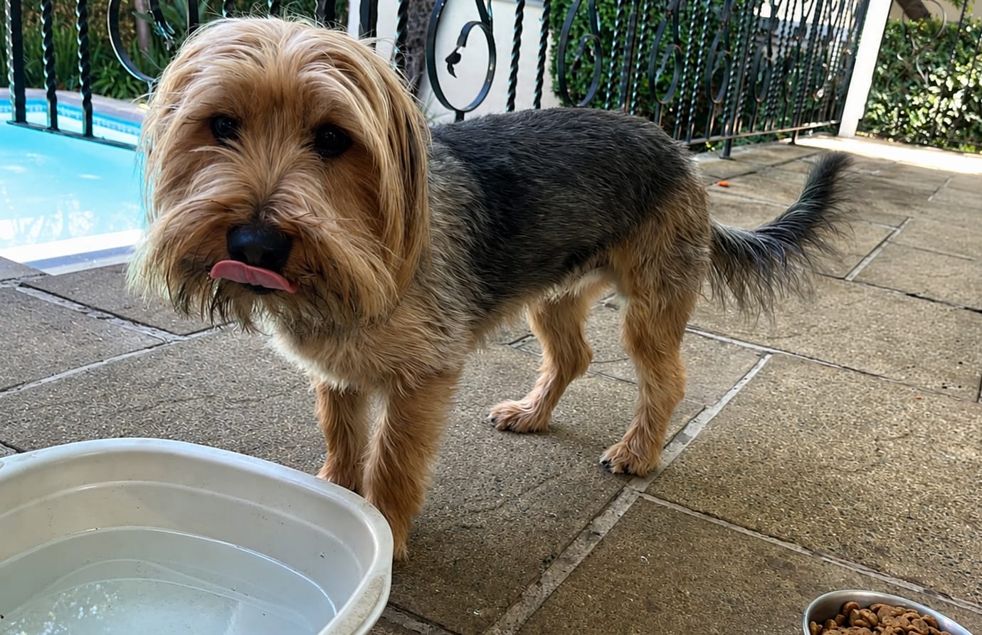 Bo Bo the Yorkie licking his lips next to his water and food bowls in Sandton