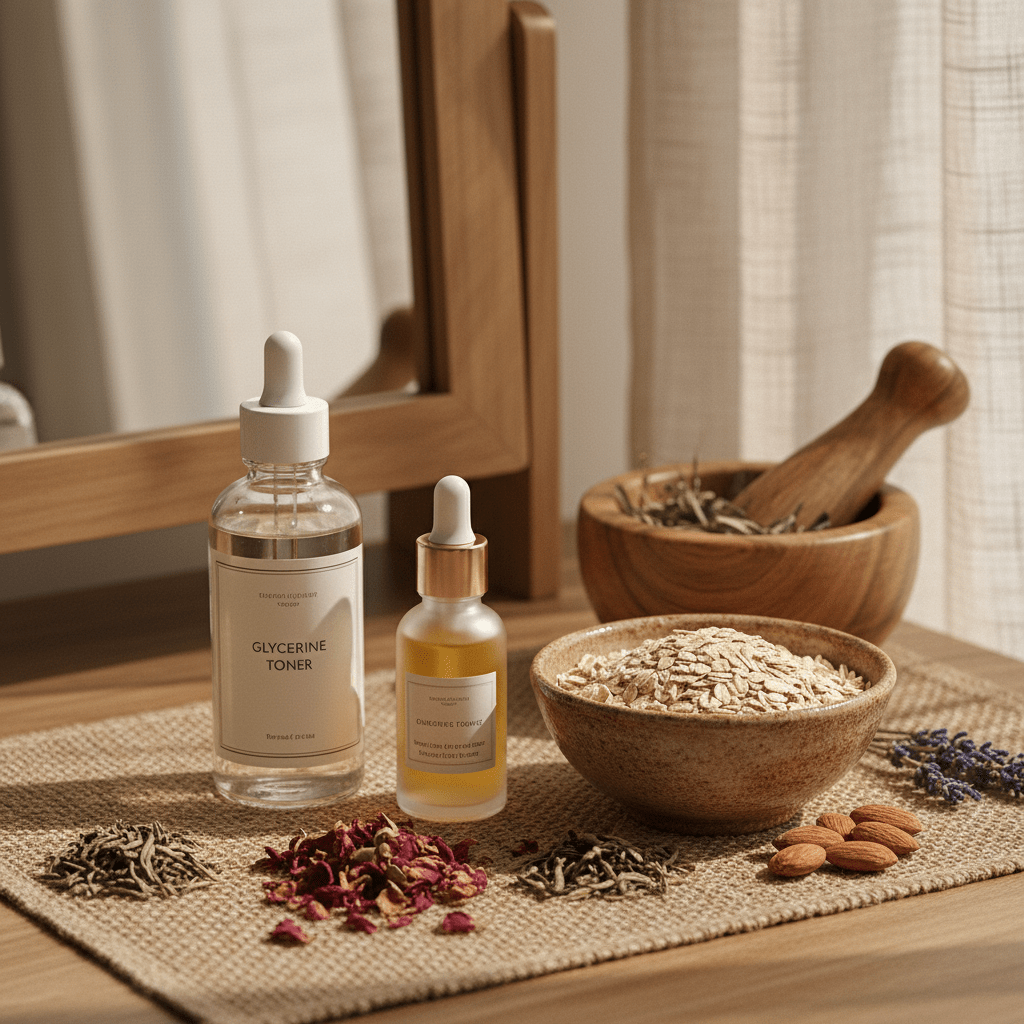 Tidy home vanity with glycerine toner serum and oatmeal mask ingredients