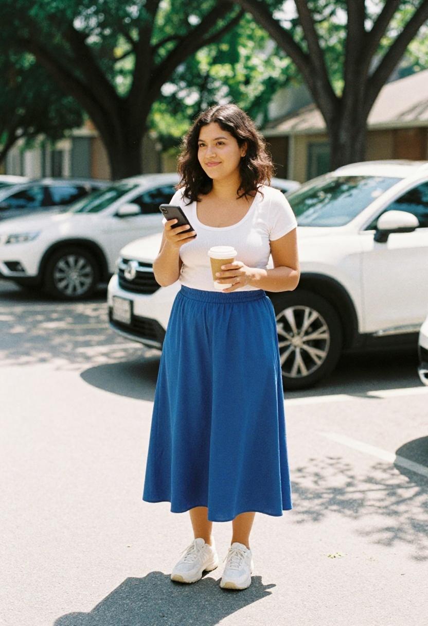 Plus size woman in cobalt blue midi skirt with white tee and chunky white sneakers on a casual spring outing