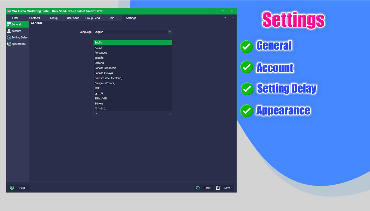WhatsApp marketing suite bulk send group join filter