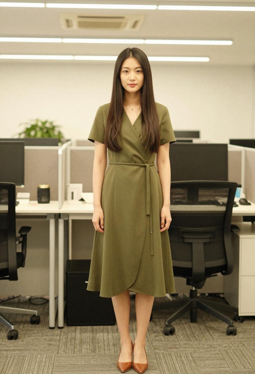 Olive green midi wrap dress with cognac kitten heels for polished earth-tone office dressing