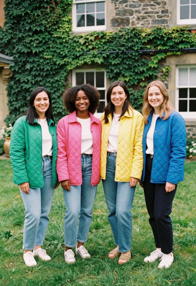 Group of friends in differently colored quilted jackets showing versatile spring layering options