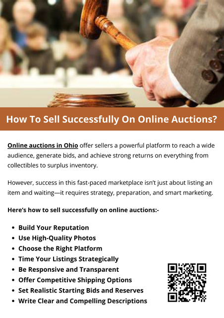 Selling successfully on online auctions in Ohio takes more than luck. With a strategic approach—clear listings, sharp photos, smart pricing, and strong communication—you can turn auctions into a reliable and profitable sales channel. Start small, learn from each sale, and continuously refine your process for long-term success. To know more visit here https://www.wyethauctions.com/